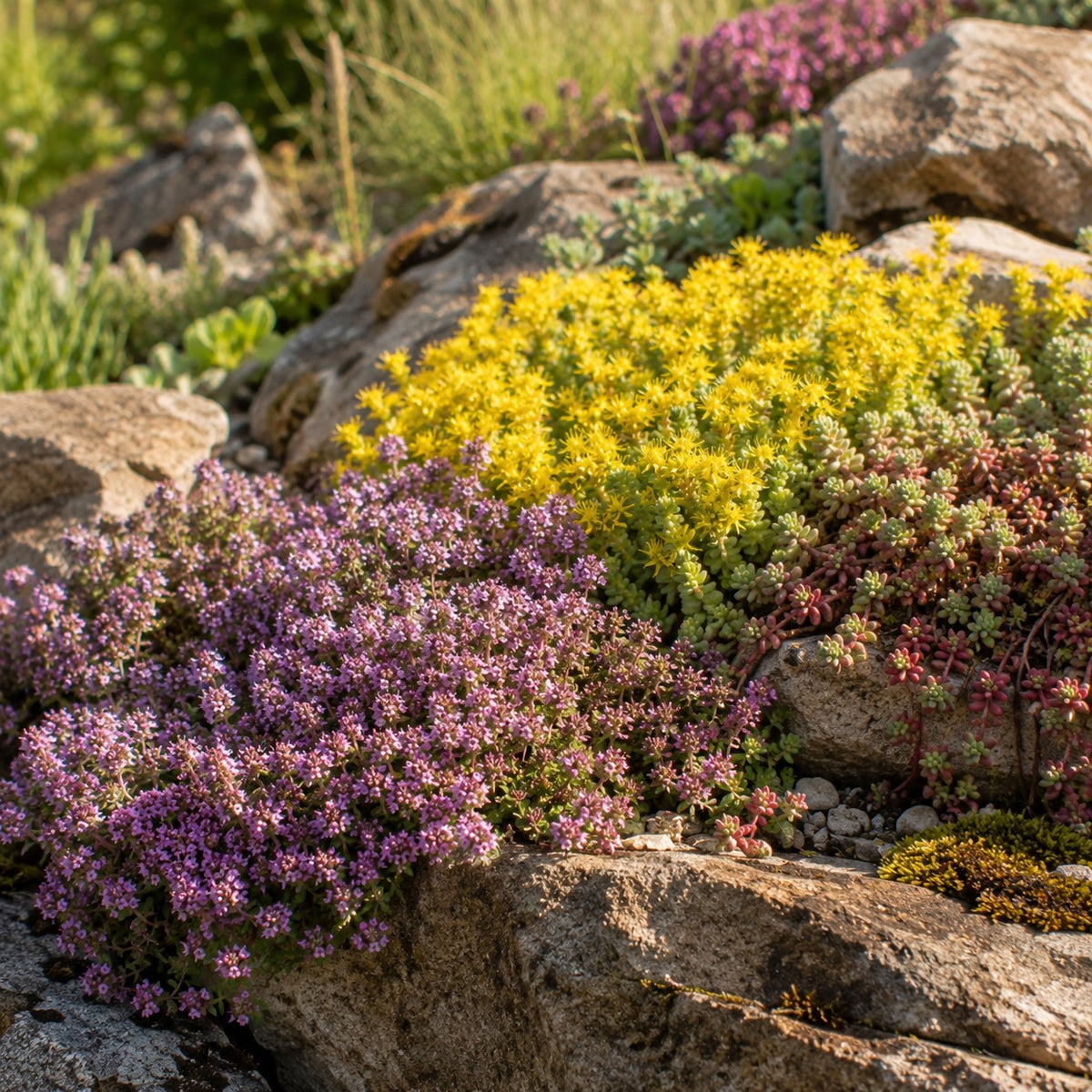 3 bodembedekkende vaste planten - Thymus serphyllum, Sedum acre , Sedum spurium - Bakker