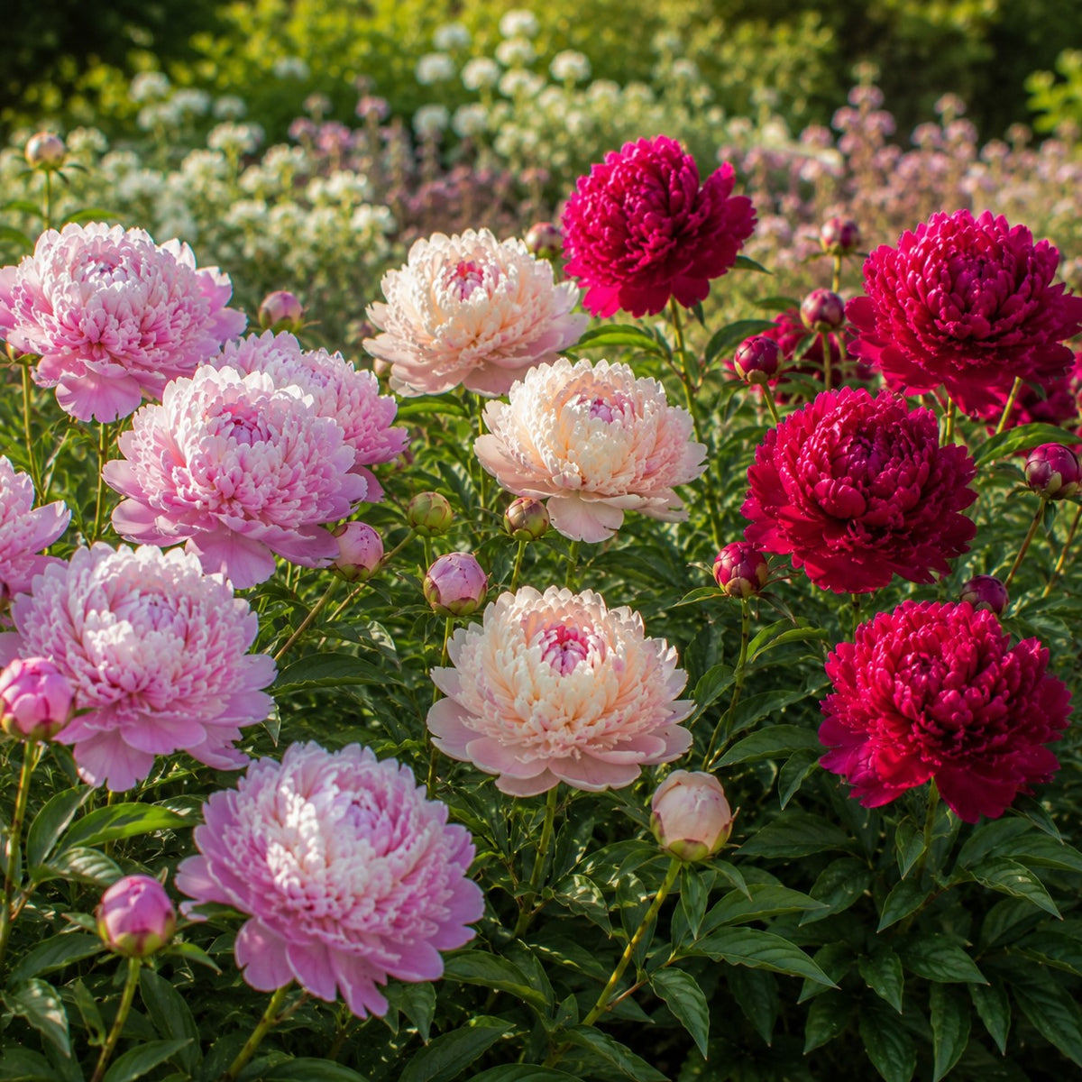 Trio roze en rode pioenen - Paeonia lactiflora Sarah Bernhardt, Sorbet, Karl Rosenfield - Bakker