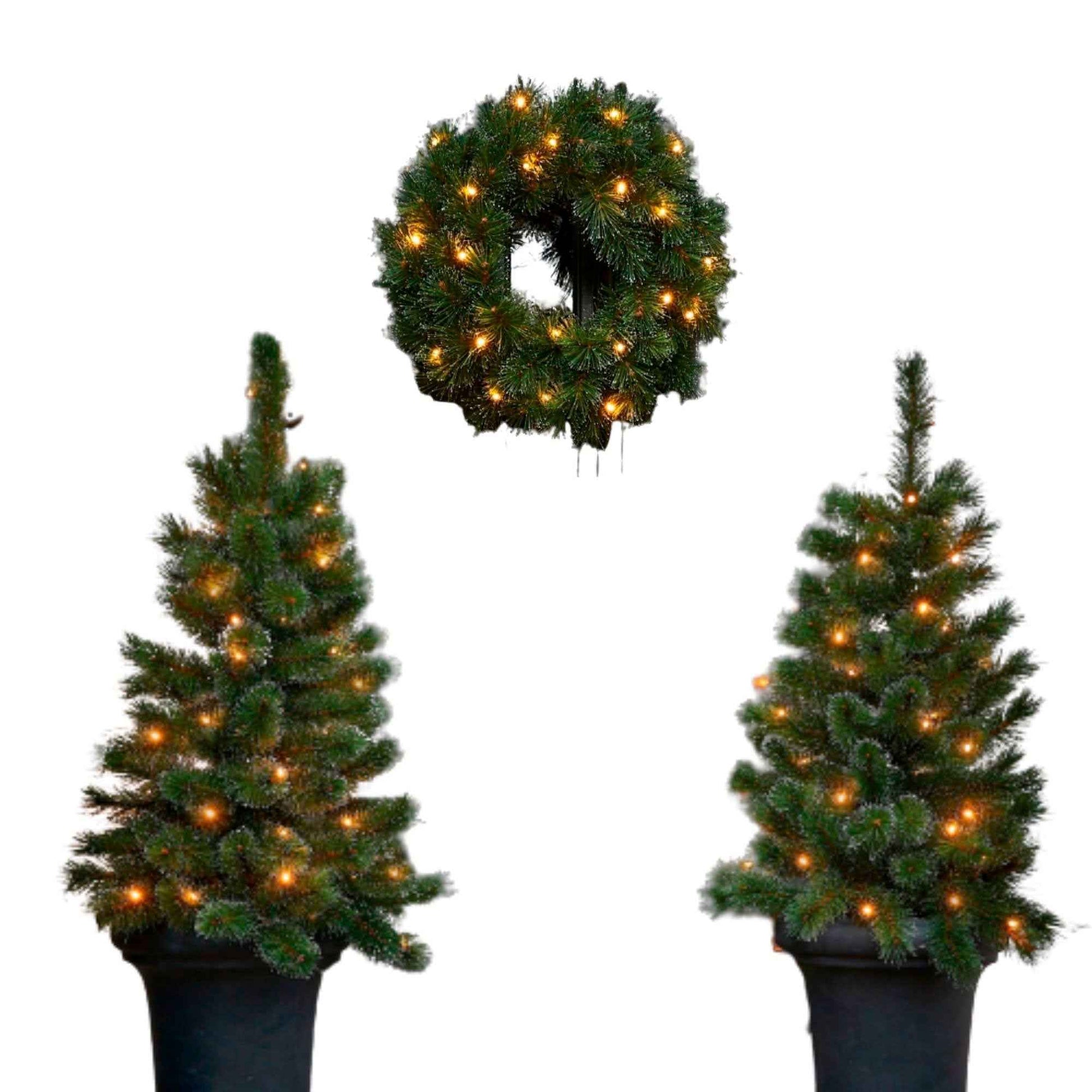 Black Box 2x Besneeuwde kunstkerstboom + 1x Kerstkrans Glendon incl. ledverlichting - Kerstcollectie