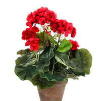 Kunstplant Geranium rood incl. sierpot rond aardewerk - Bloeiende kunstplanten